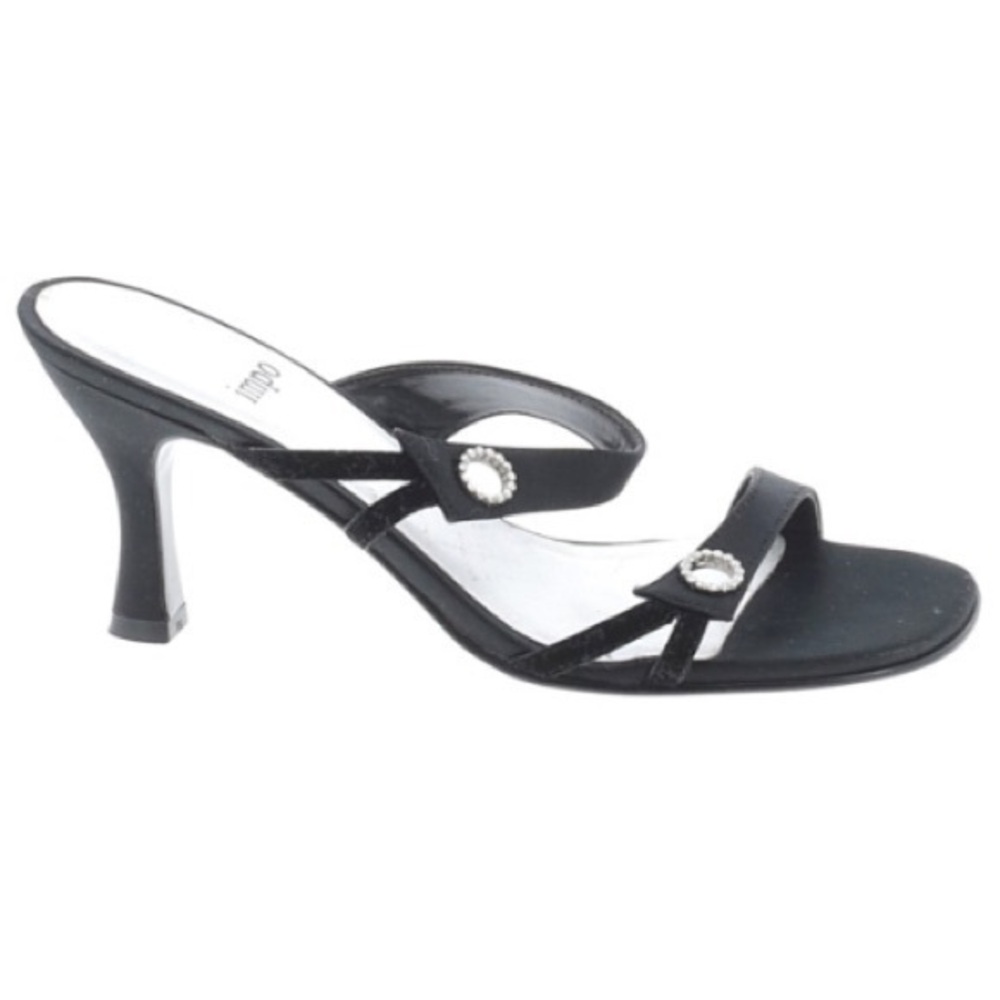 Impo sz 6 black satin Vertex rhinestone 3” mules